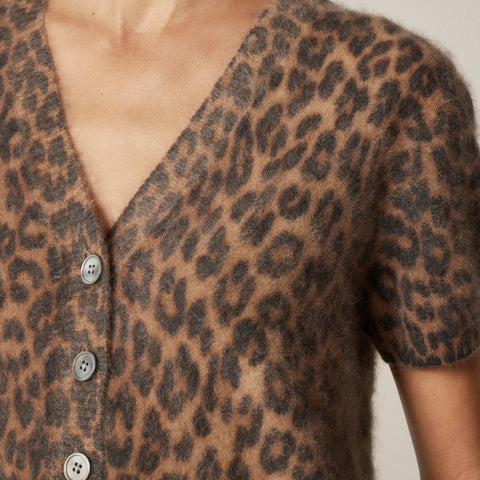 Brushed cashmere short-sleeve cardigan in leopard print