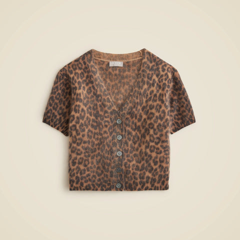 Brushed cashmere short-sleeve cardigan in leopard print