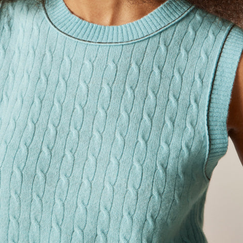 Cashmere cable-knit sweater shell with contrast trim