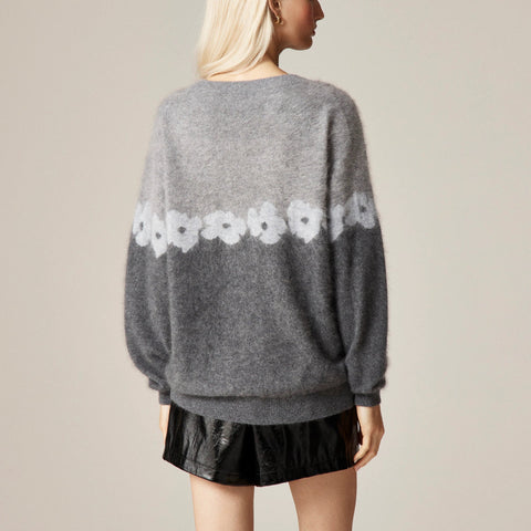 Brushed cashmere relaxed crewneck sweater in floral print