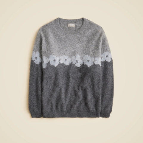 Brushed cashmere relaxed crewneck sweater in floral print