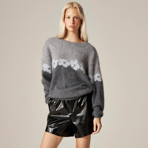 Brushed cashmere relaxed crewneck sweater in floral print
