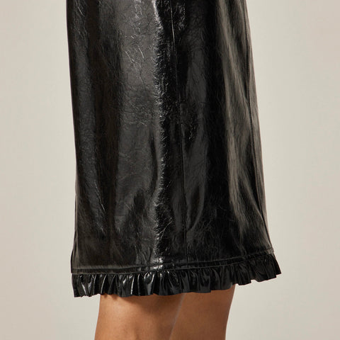 Ruffle-trim pencil midi skirt in faux leather