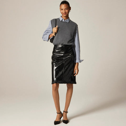 Ruffle-trim pencil midi skirt in faux leather