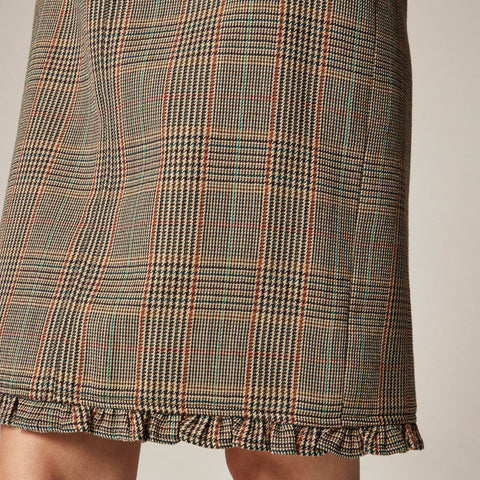 Ruffle-trim pencil midi skirt in glen plaid wool