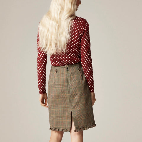 Ruffle-trim pencil midi skirt in glen plaid wool