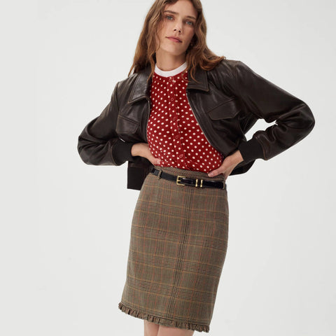 Ruffle-trim pencil midi skirt in glen plaid wool