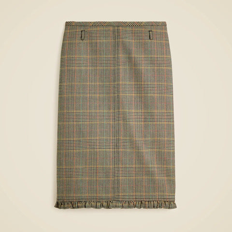 Ruffle-trim pencil midi skirt in glen plaid wool