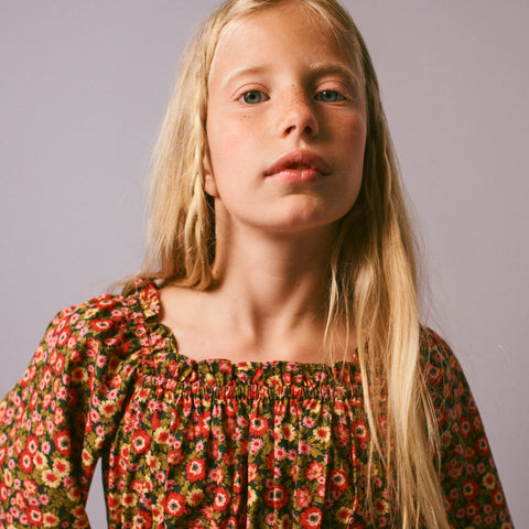 Girls' long-sleeve smocked dress in floral