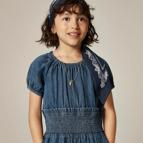 Girls' smocked-waist jumpsuit in drapey denim