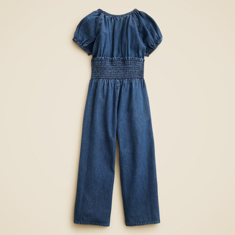 Girls' smocked-waist jumpsuit in drapey denim