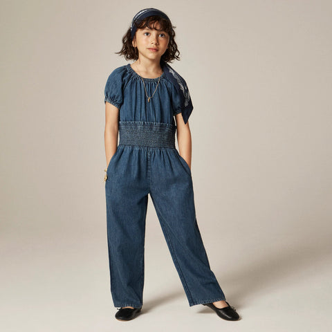 Girls' smocked-waist jumpsuit in drapey denim