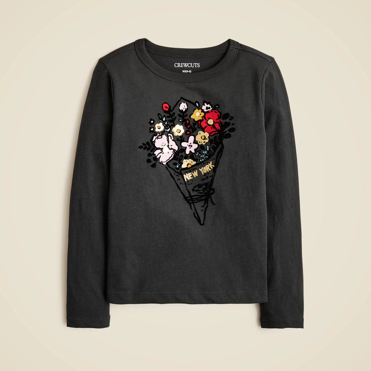 Girls' long-sleeve flower bouquet graphic T-shirt with velvet