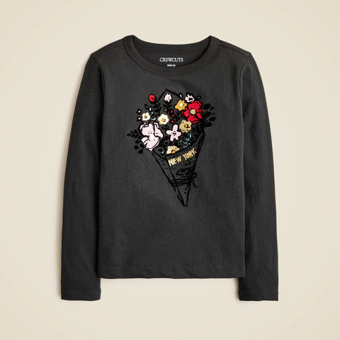 Girls' long-sleeve flower bouquet graphic T-shirt with velvet