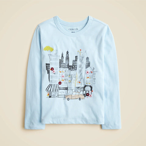 Girls' long-sleeve NYC street graphic T-shirt with embroidery