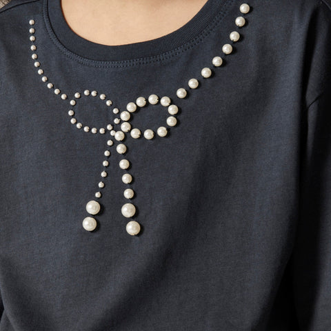 Girls' long-sleeve embellished bow T-shirt with pearls