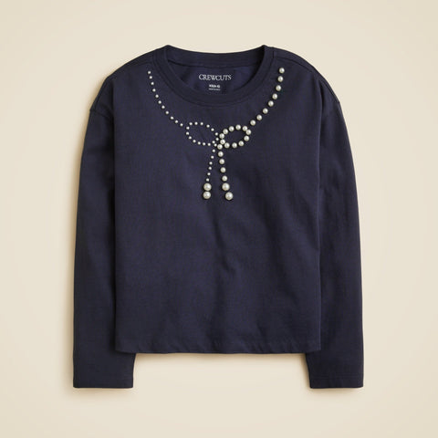 Girls' long-sleeve embellished bow T-shirt with pearls