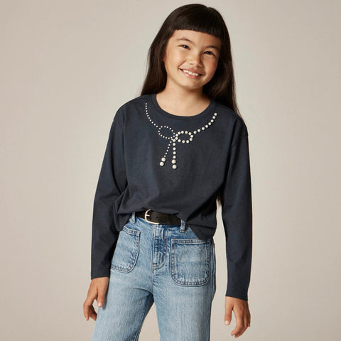 Girls' long-sleeve embellished bow T-shirt with pearls