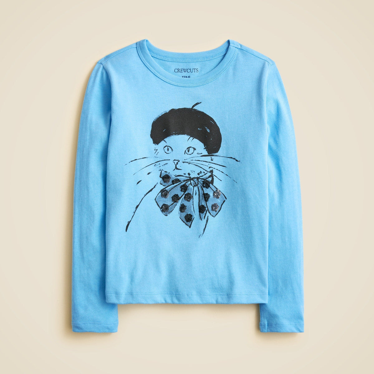 Girls' long-sleeve cat graphic T-shirt with sequins