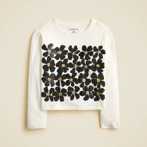 Girls' long-sleeve flower grid graphic T-shirt with sequins