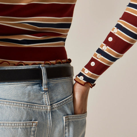 Refined rib long-sleeve T-shirt with button cuffs in stripe