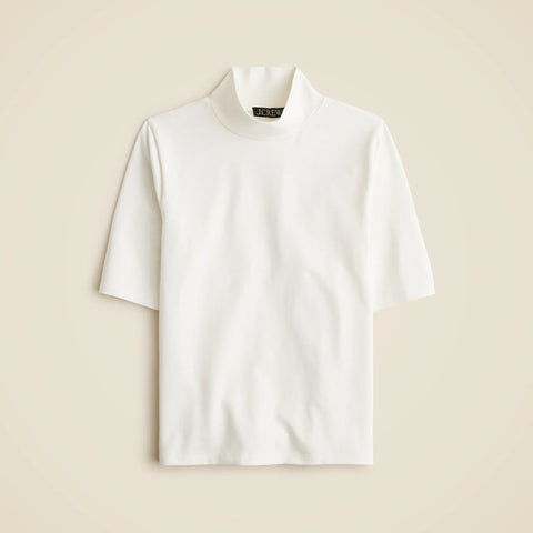 Stretch cotton-blend mockneck elbow-sleeve T-shirt
