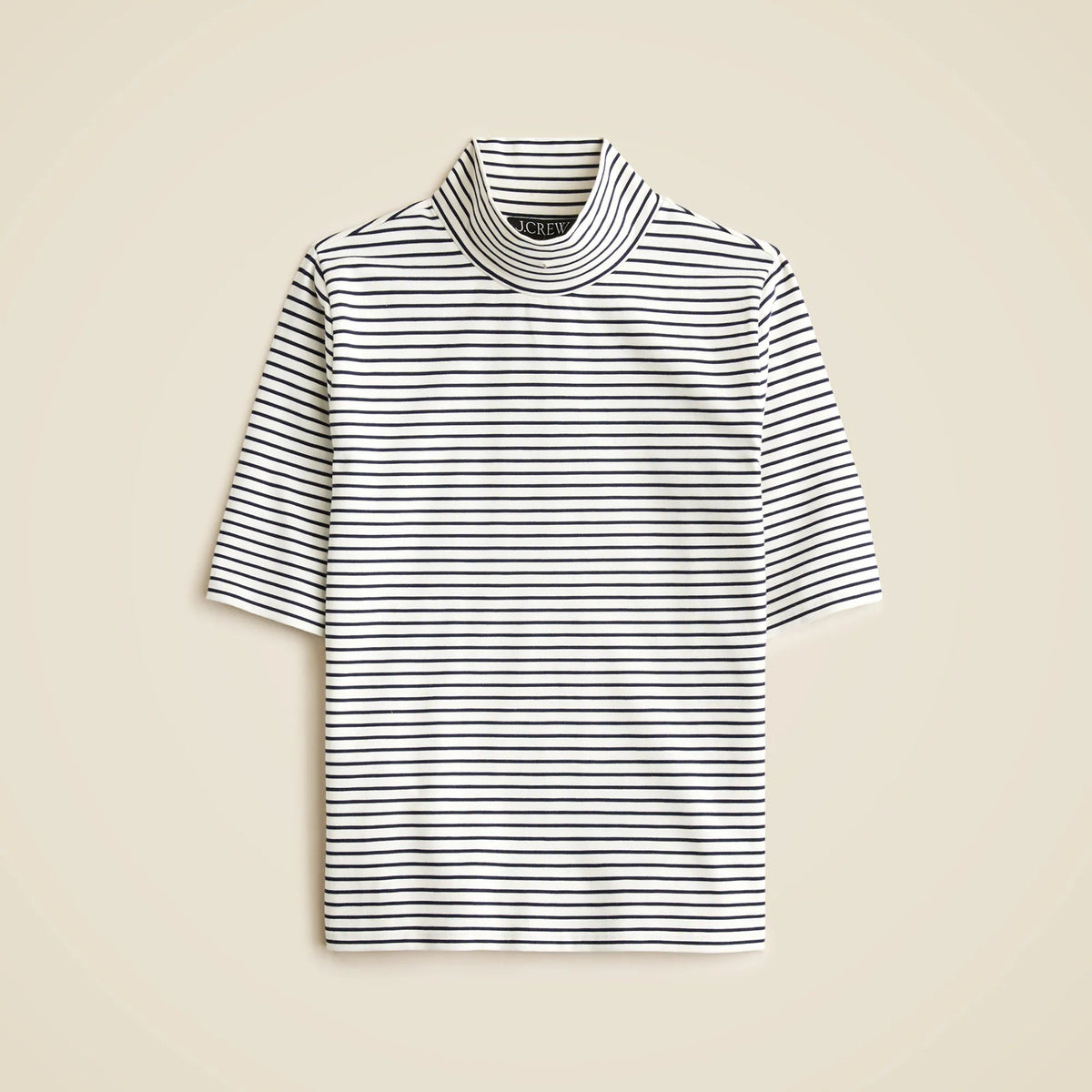 Stretch cotton-blend elbow-sleeve mockneck T-shirt in stripe