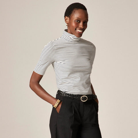 Stretch cotton-blend elbow-sleeve mockneck T-shirt in stripe