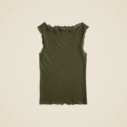 Ruffle-trim shell top in sheer crinkle knit