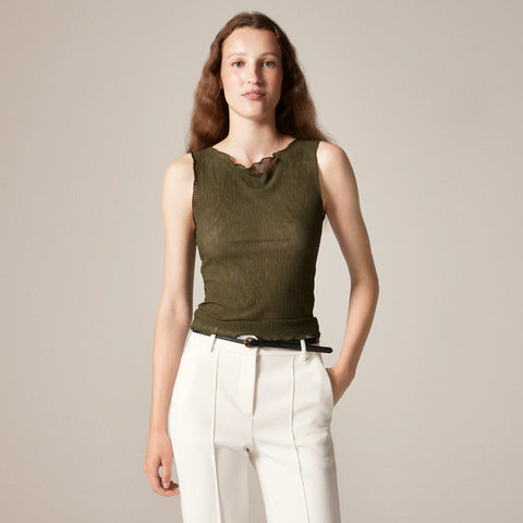 Ruffle-trim shell top in sheer crinkle knit