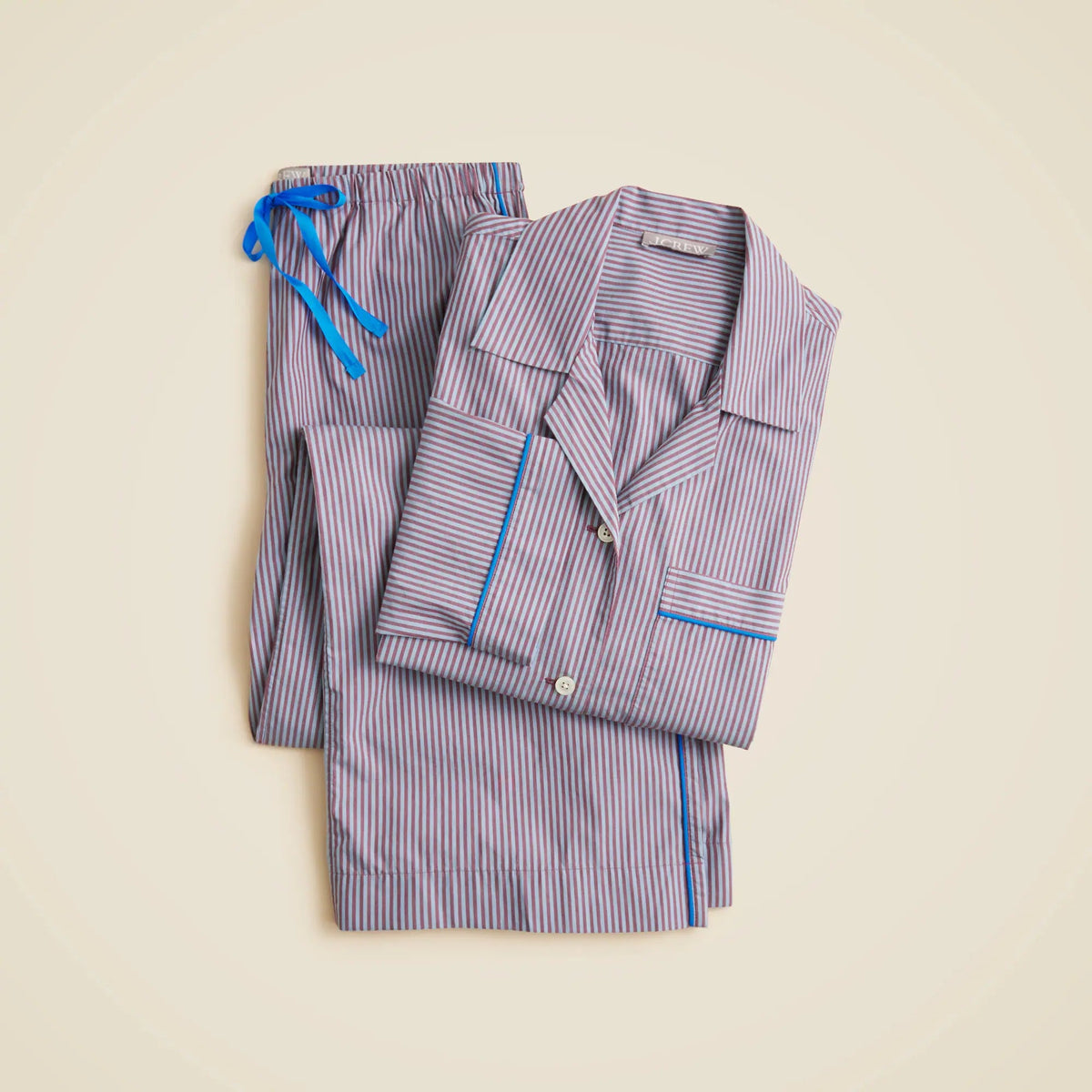 Long-sleeve pajama pant set in striped cotton poplin