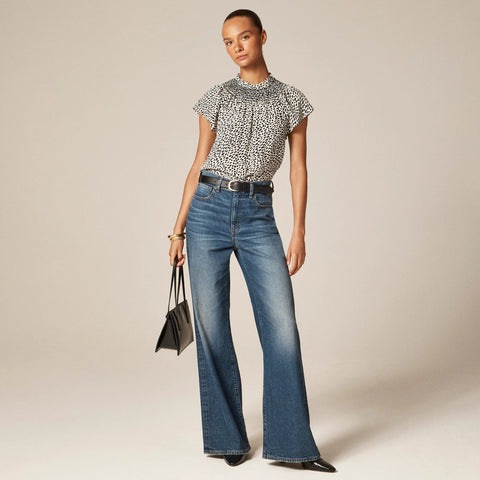 Smocked high-neck top in spot print