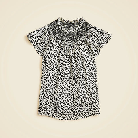 Smocked high-neck top in spot print
