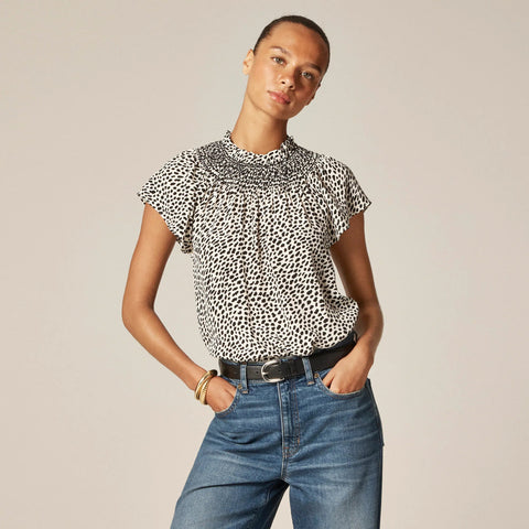 Smocked high-neck top in spot print