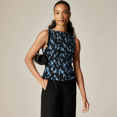 Smocked shell tank top in blurry floral crepe de chine