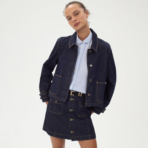 Patch-pocket denim mini skirt in Rinse wash