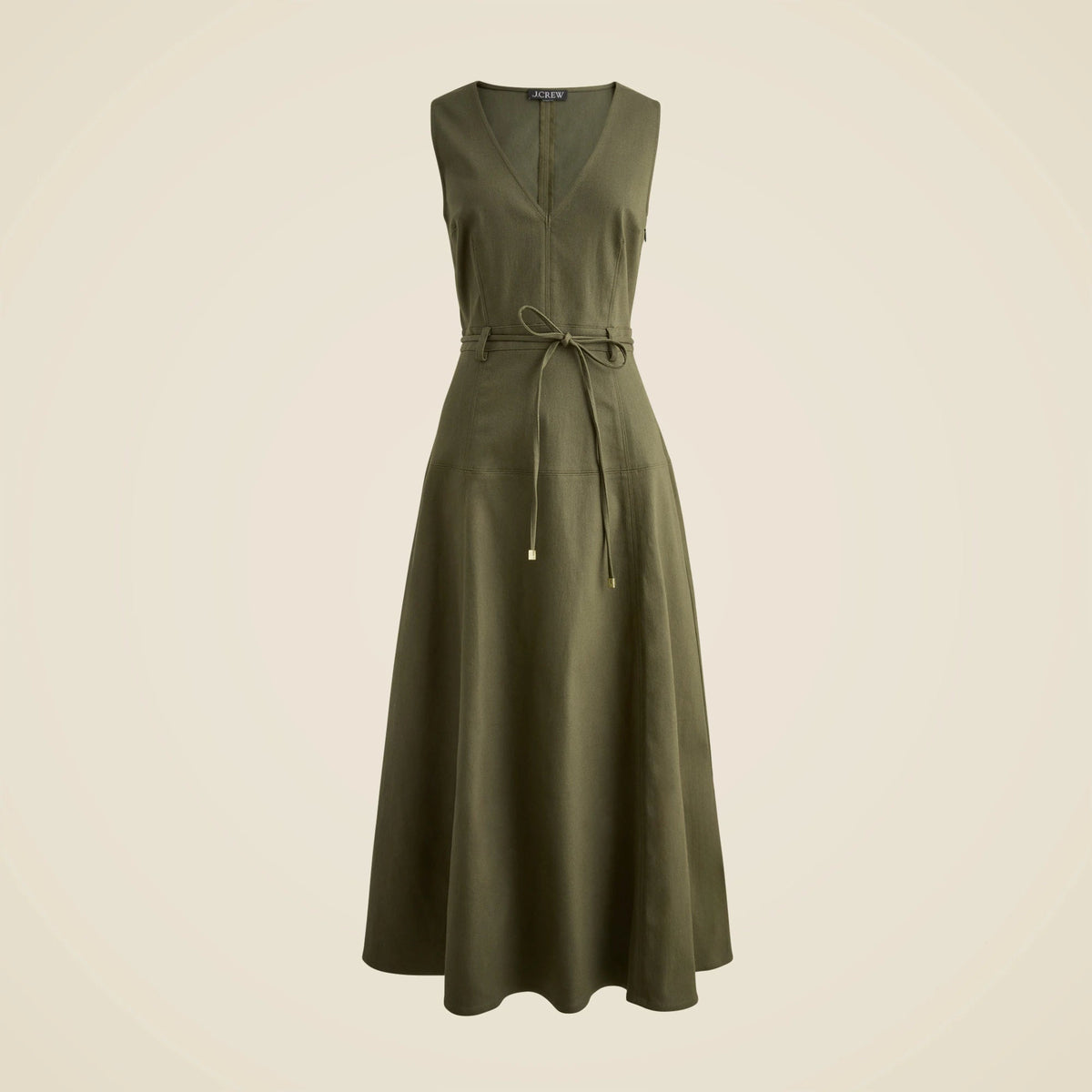 Seamed tie-waist dress in tailored twill