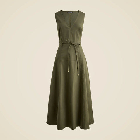 Seamed tie-waist dress in tailored twill