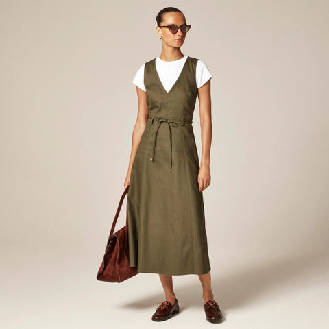 Seamed tie-waist dress in tailored twill