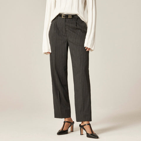 Pleated tapered pant in pinstripe Italian gauzy wool blend