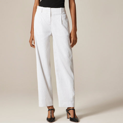 Pleated tapered pant in pinstripe linen-viscose blend
