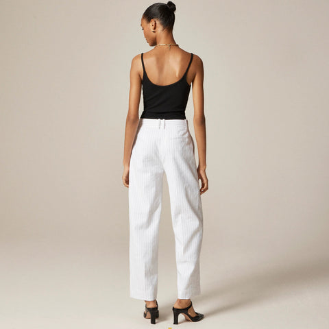 Pleated tapered pant in pinstripe linen-viscose blend