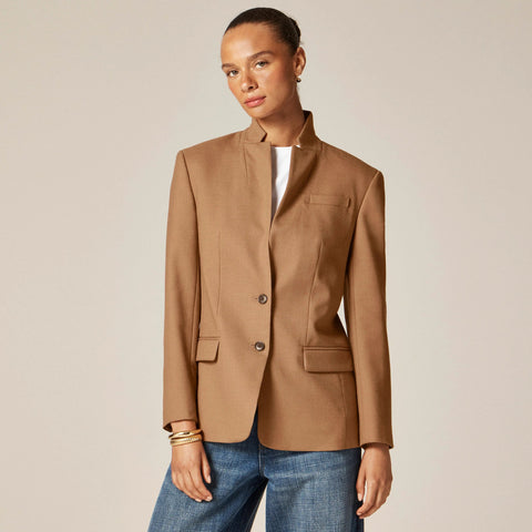 Standing collar blazer in wool-blend flannel