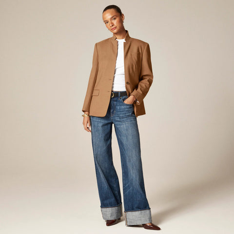 Standing collar blazer in wool-blend flannel