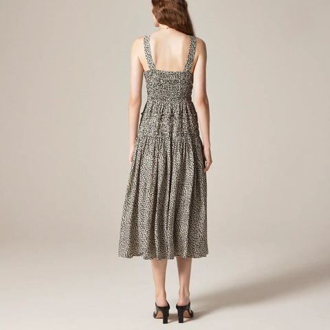 Smocked midi dress in spot print