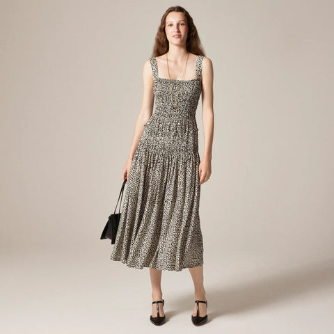 Smocked midi dress in spot print