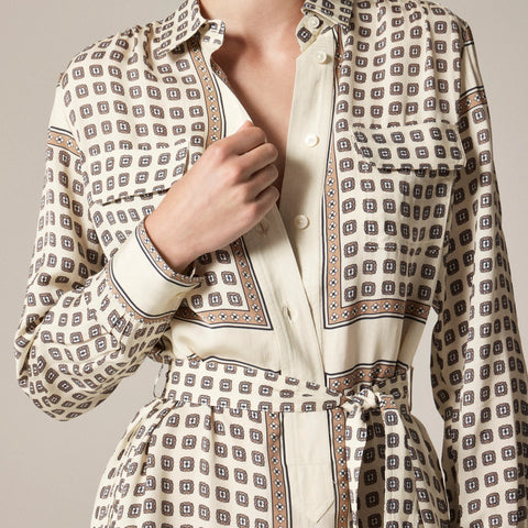 Tie-waist shirt-dress in foulard print