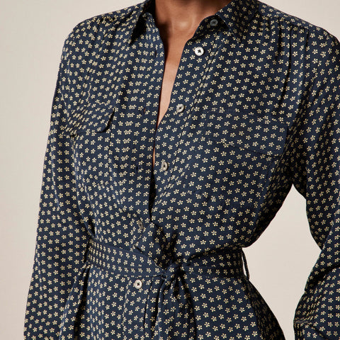 Tie-waist shirt-dress in ditsy floral print