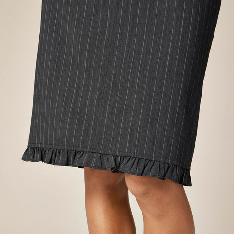 Ruffle-trim pencil midi skirt in pinstripe wool blend