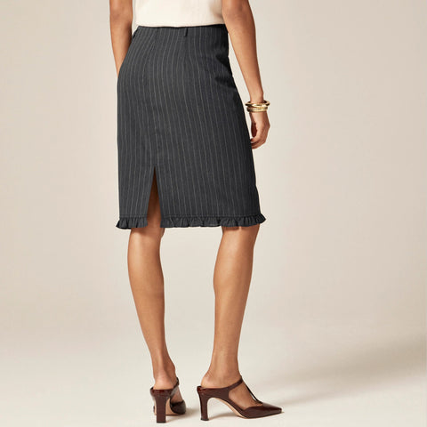 Ruffle-trim pencil midi skirt in pinstripe wool blend